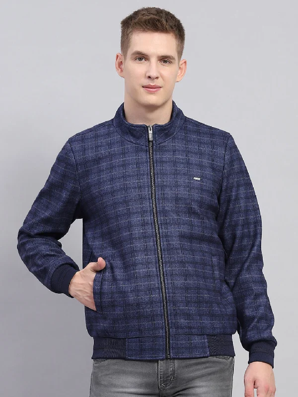 Deal of the Day Men Navy Blue Check Mock Neck Full Sleeve Jacket