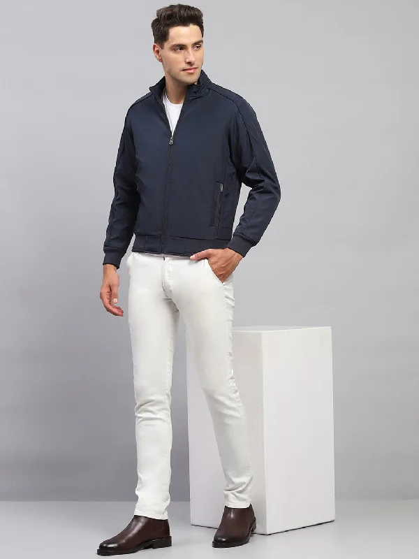 Bargain Prices Men Navy Blue Solid Mock Neck Full Sleeve Jacket