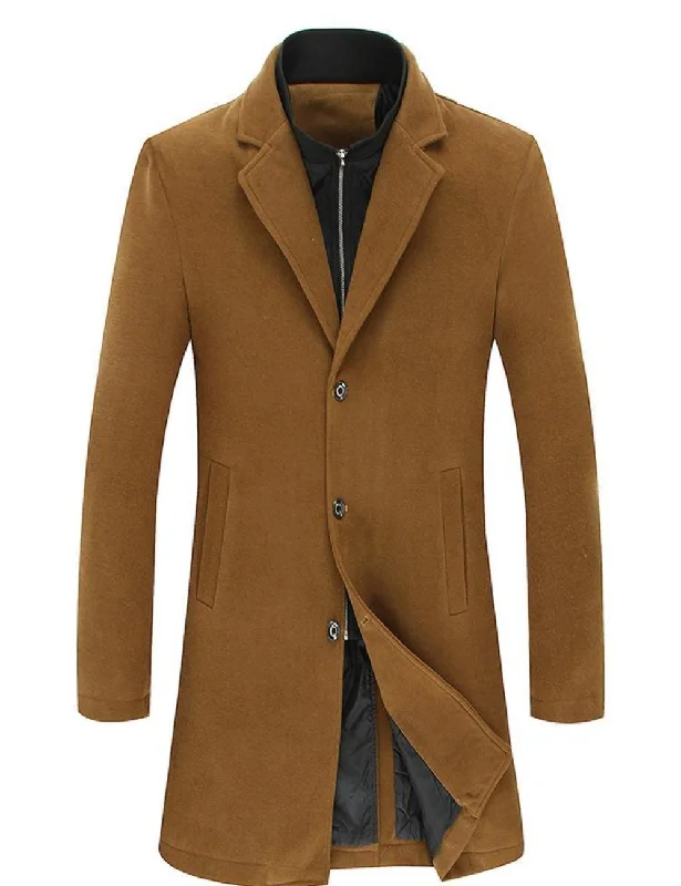 Online Specials Mens Wool Blend Dual Collar Classic Mid Length Coat in Brown